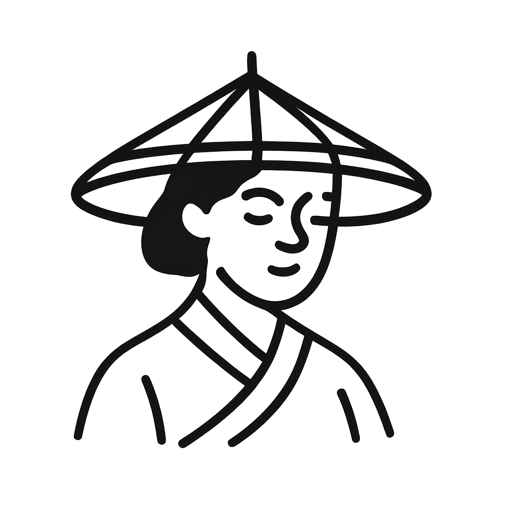 The image is a simple line drawing of a Chinese monk in a conical hat, rendered in all black on a solid black background. ...